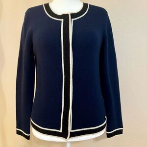 CHANEL Cashmere Cardigan Sweater Navy w Black & Cream Trim Button Front Size L